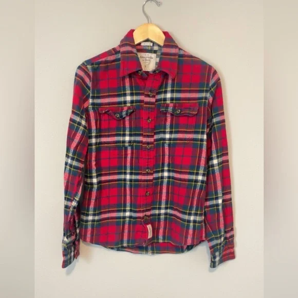 Abercrombie & Fitch Flannel Muscle Shirt Mens Small Plaid Red Thick Button Up - Picture 2 of 7